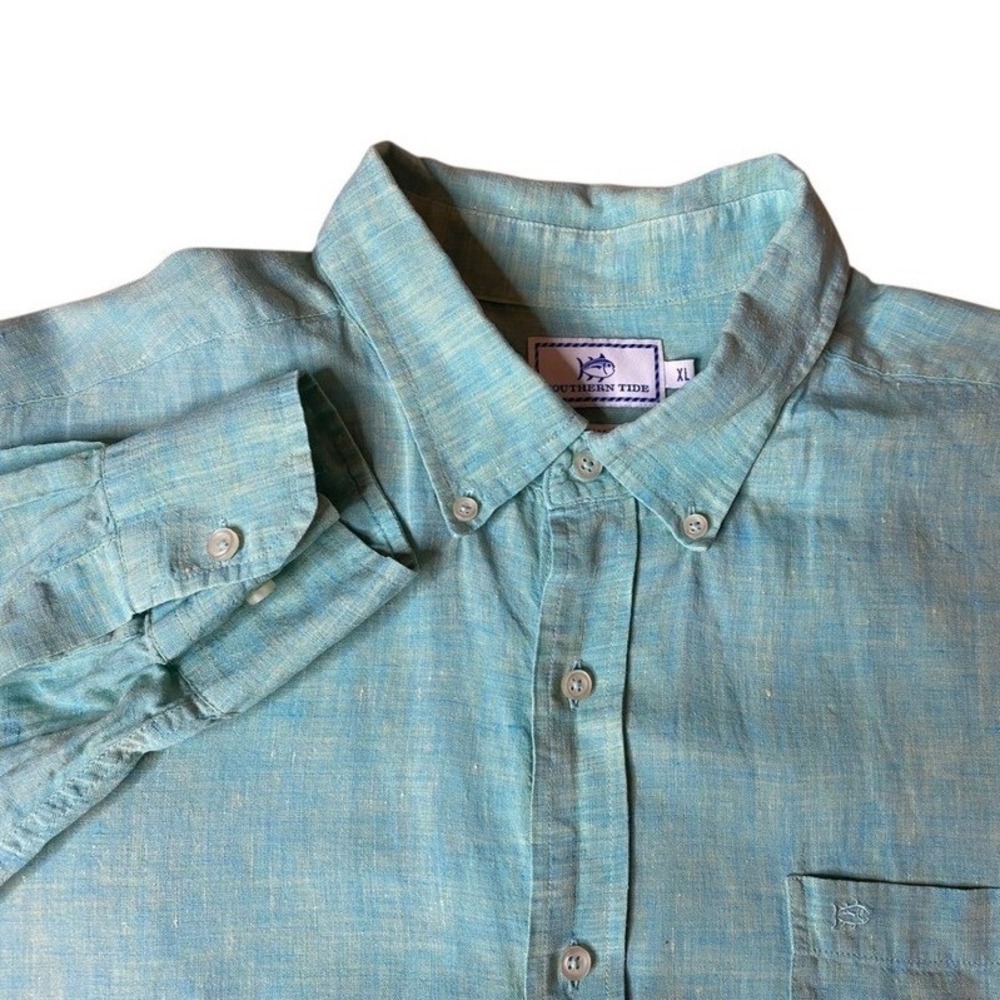 Southern Tide 100% Linen Button Down Shirt Men's XL Trim Fit Green Long Sleeve